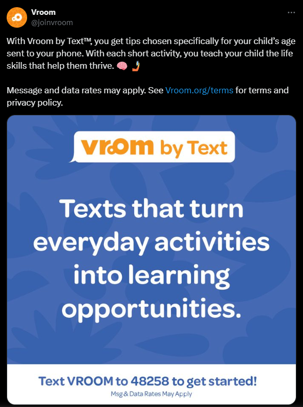 An X post from Vroom advertising its Vroom by Text program.