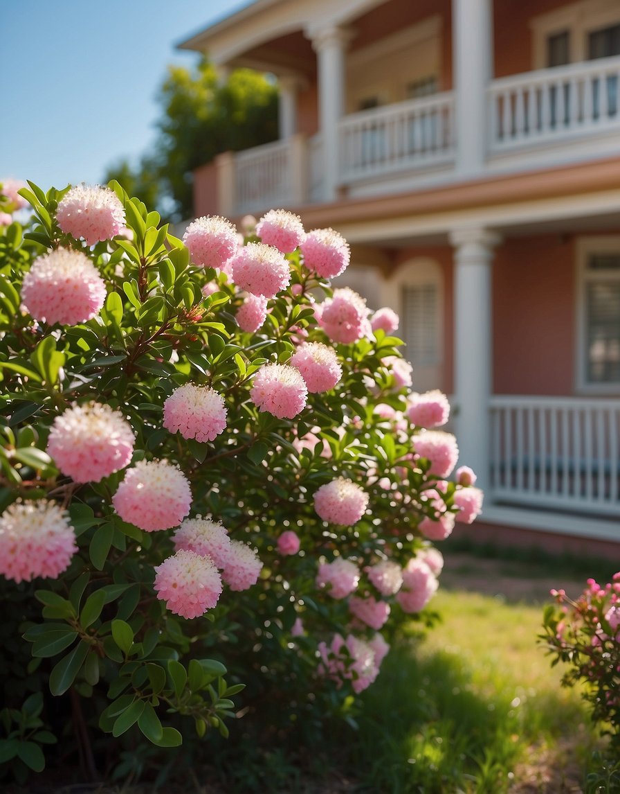 21 Indian hawthorn bushes stand in front of a house. The bushes are in full bloom, with vibrant pink and white flowers covering the green foliage