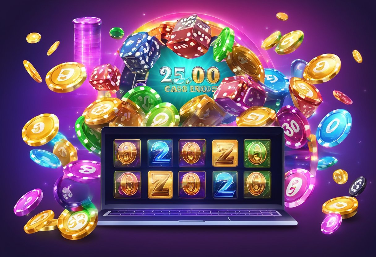 A colorful online casino promotion with various bonus offers and prizes displayed on a digital screen