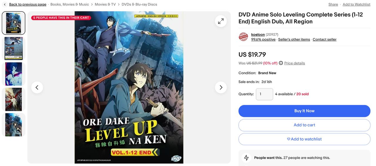 2. DVD Anime Solo Leveling Complete Series (1-12 End) English Dub, All Region