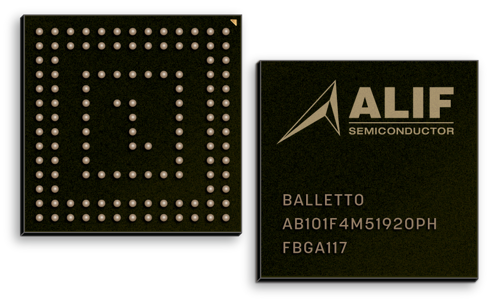 black MCU with details such as manufacturer's name Alif Semiconductor