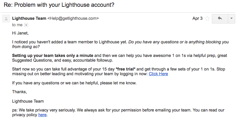 Email example from Lighthouse nudging people toward an aha moment