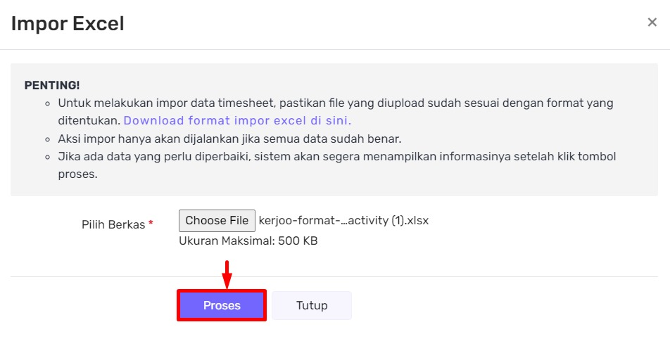 Tampilan Fitur Timesheet Impor Excel