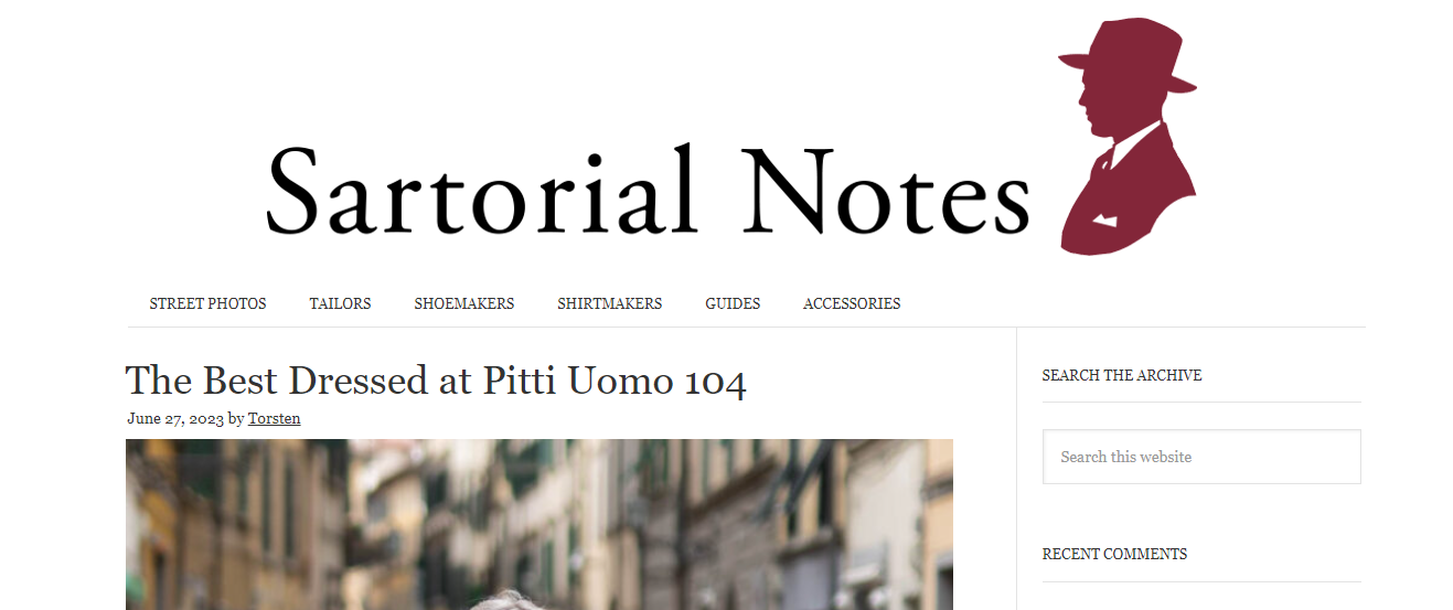 Sartorial Notes homepage - top examples of a personal blog