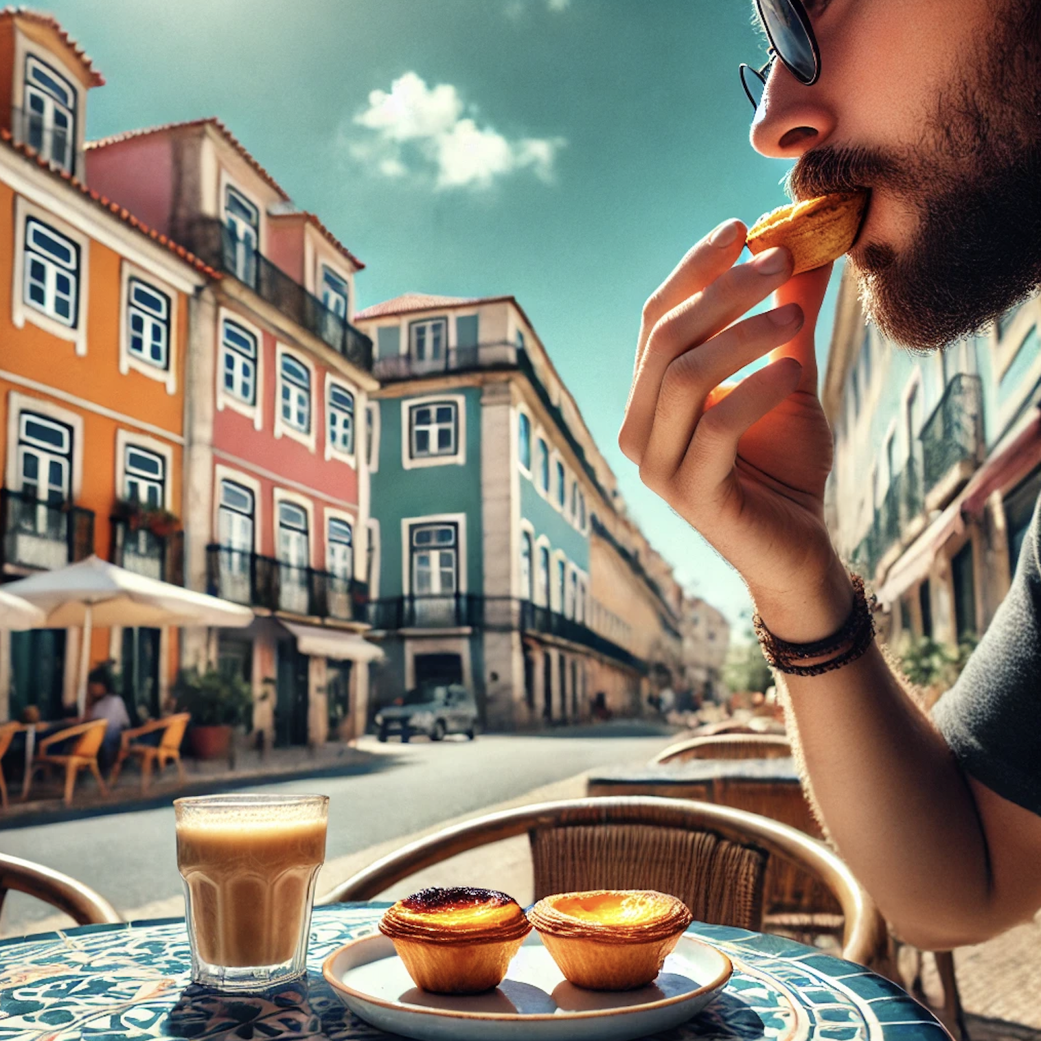 AI-generated image of a man eating a patel de nata in Portugal