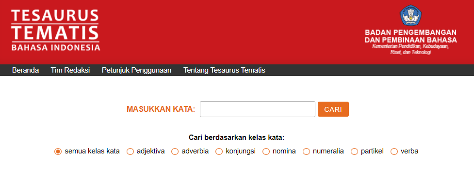 Contoh kamus Tesaurus Tematis Bahasa Indonesia oleh Badan Pengembangan dan Pembinaan Bahasa.