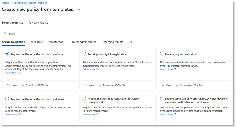  Conditional Access policy templates.