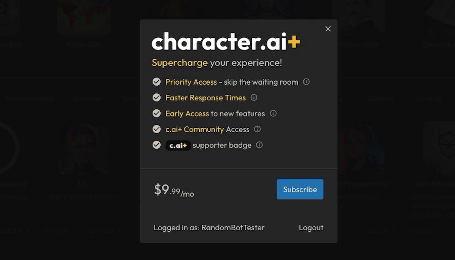 Pricing of CharacterAi