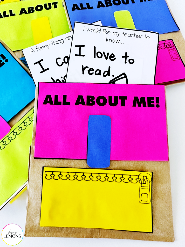 All about me backpack craft with personal fact cards.