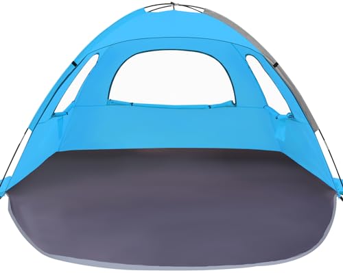 WhiteFang Beach Tent Anti-UV Portable Sun Shade Shelter for 3 Person, Extendable Floor with 3 Ventilating Mesh Windows Plus Carrying Bag, Stakes and Guy Lines (Blue)