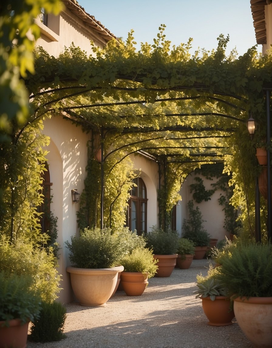 A Mediterranean-style pergola stands adorned with climbing vines, creating a lush and inviting outdoor space