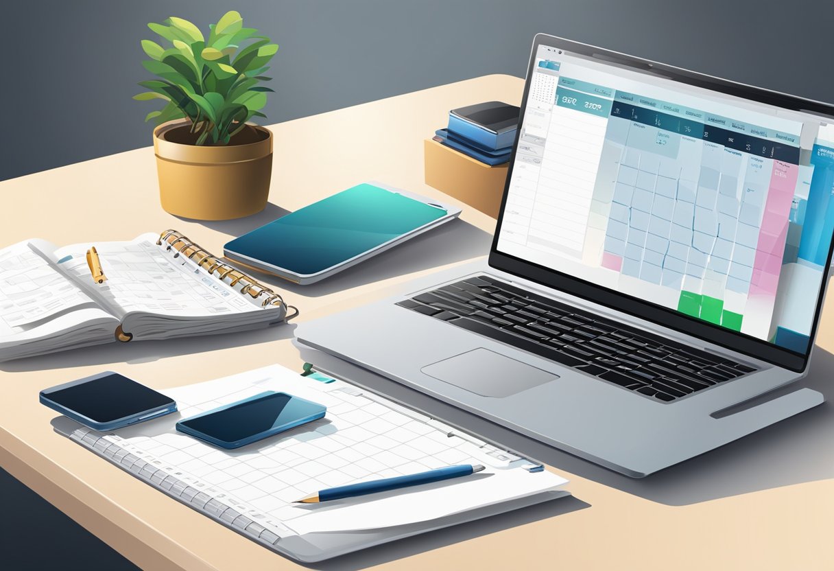 A laptop and smartphone on a desk, with a calendar and sales report displayed on the screen. A headset and notepad nearby