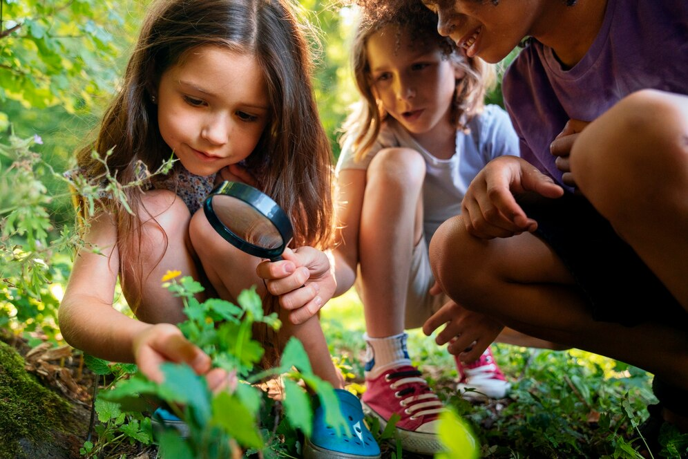 Children doing scavenger hunt with lists of natural items to find, like pinecones, feathers, or specific leaves.