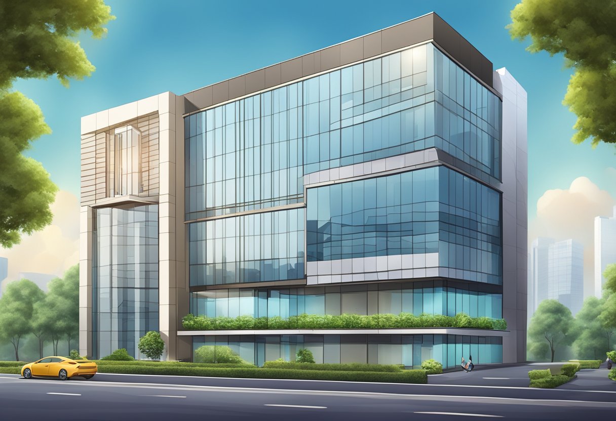 A modern office building in Noida with a sleek exterior, large windows, and a prominent sign reading "Real Estate Digital Marketing Agency."