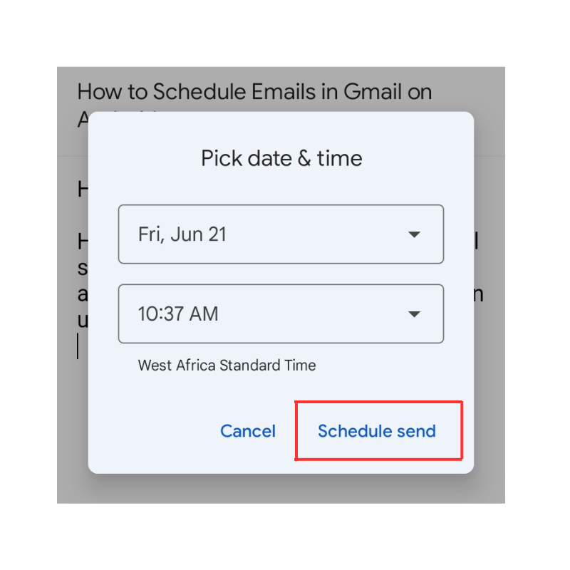 Select Fri, Jun 21, 10:37 AM and Schedule send