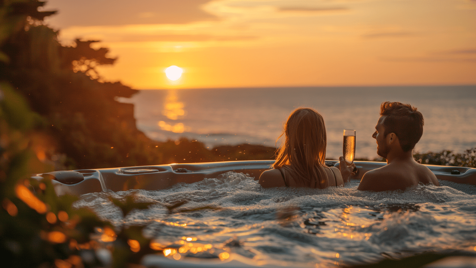 A couple toasting in a hot tub overlooking the ocean at sunset in a luxury cottage rental
