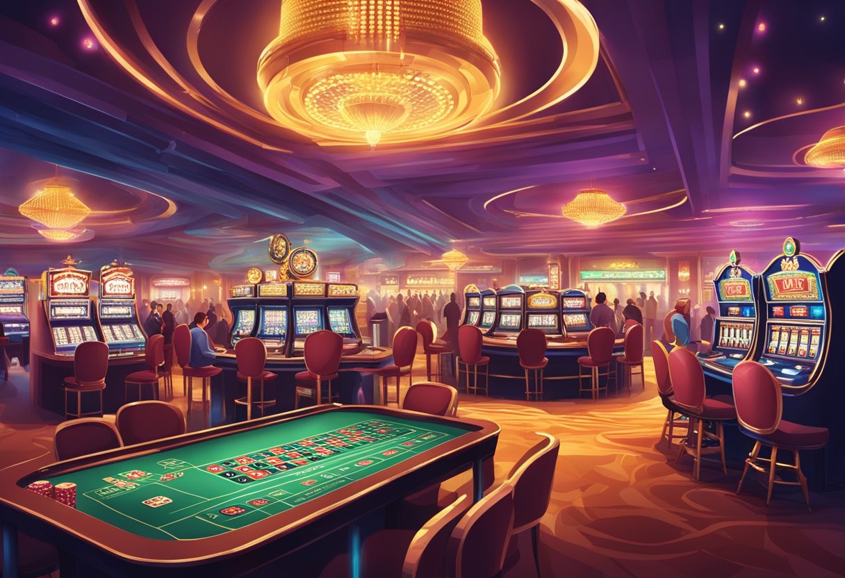 Brightly lit casino with various game tables and slot machines. Players eagerly place bets while others celebrate wins. Excitement and tension fill the air