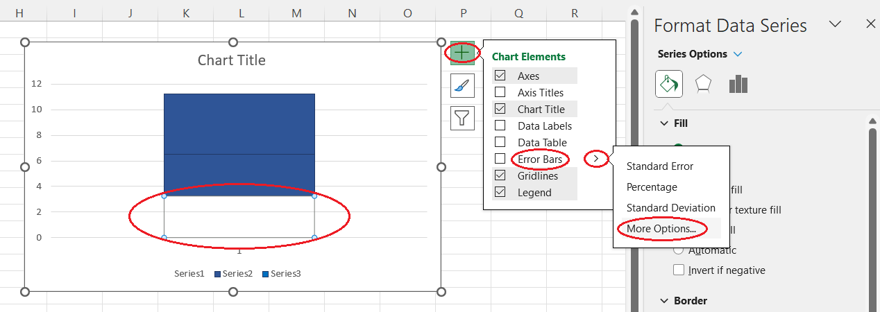 How to open more options when creating the lower whisker of a box and whisker plot from scratch in Excel. Image by Author.