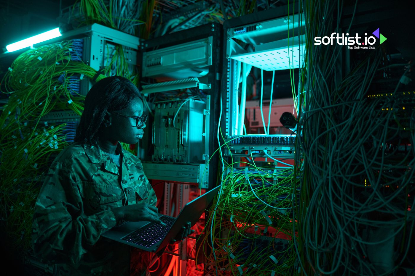 Female technician working on a laptop in a dimly lit server room
