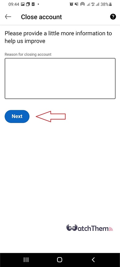 Deleting LinkedIn Account From Mobile: Provide Information and Click Next
