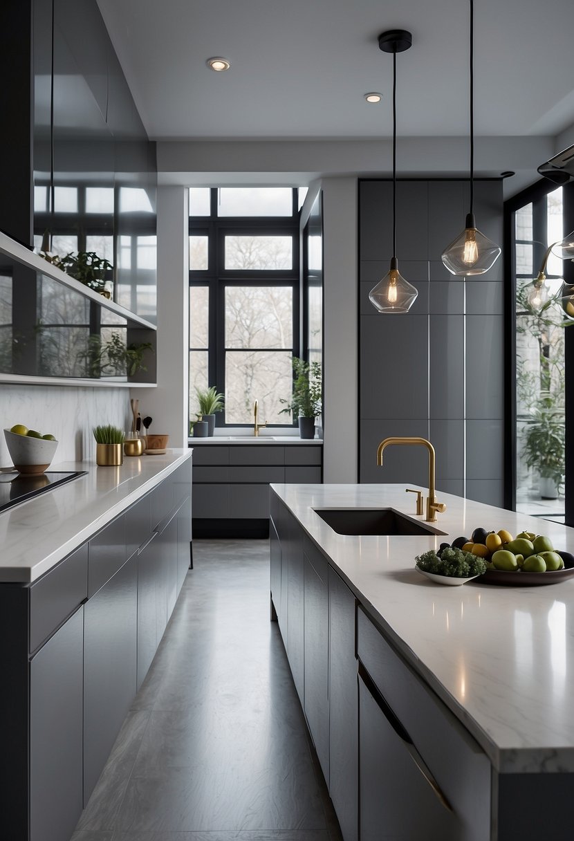 A modern kitchen with 35 glossy gray cabinets, sleek and elegant, reflecting light in a spacious and minimalist setting