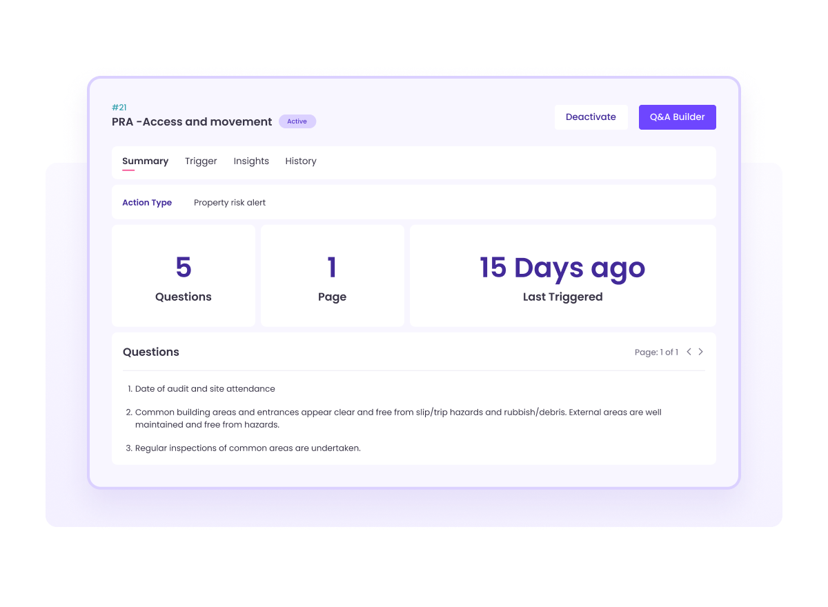 CMMS interface displaying the status of a Property Risk Alert for access and movement, including action type, number of questions, and last triggered date, along with questions related to audit and site attendance, building area inspections, and regular inspections of common areas.