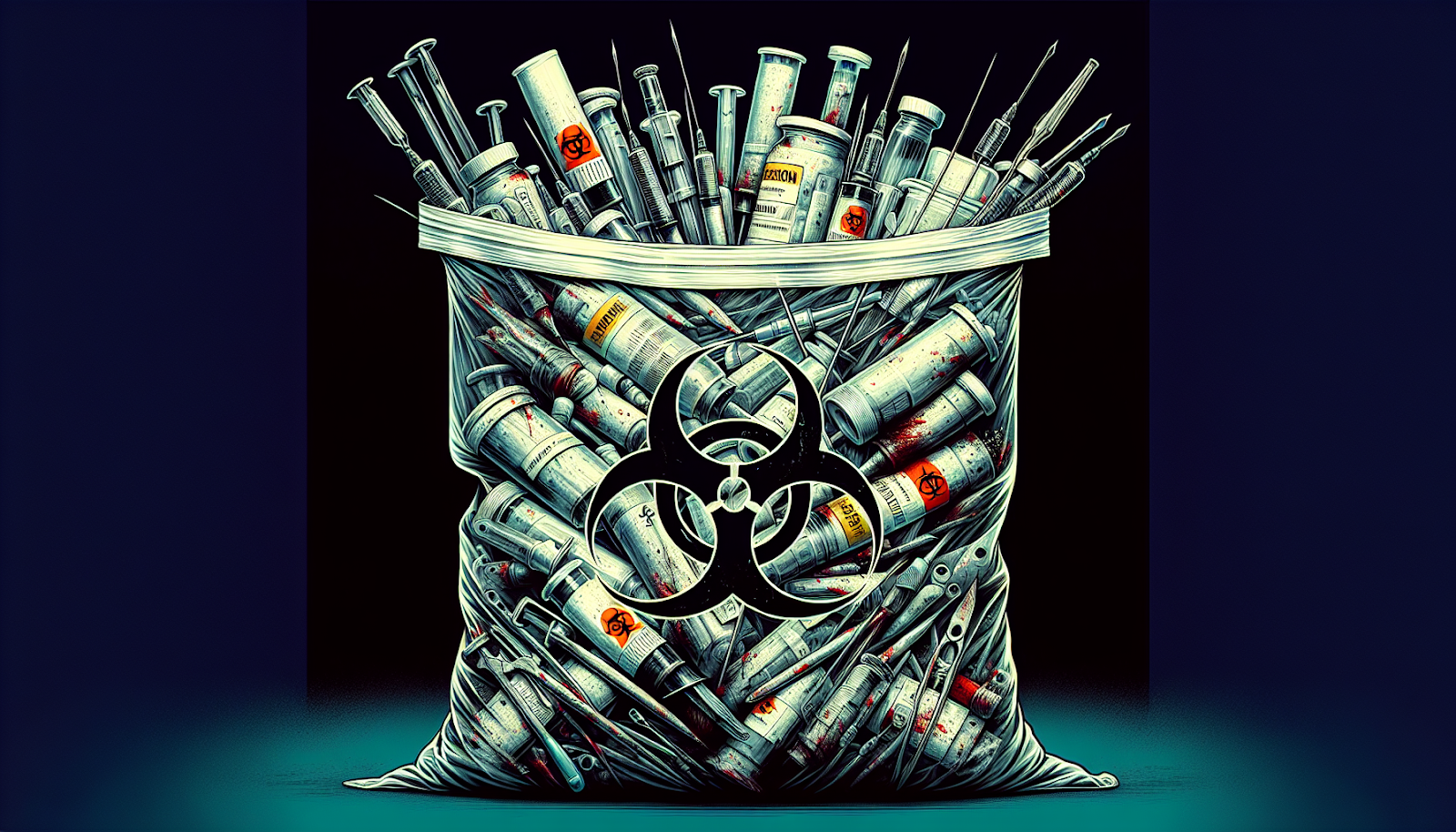 Illustration of a biohazard bag with medical waste