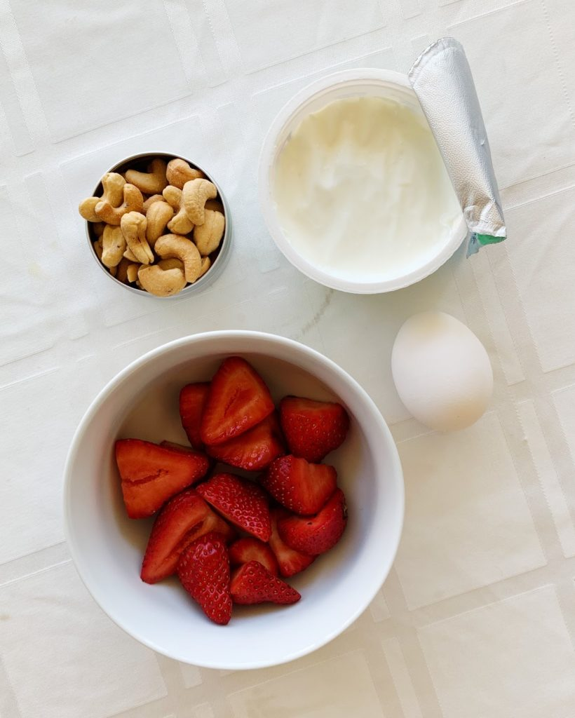 Yogurt, Cup Nuts, Strawberries & Egg