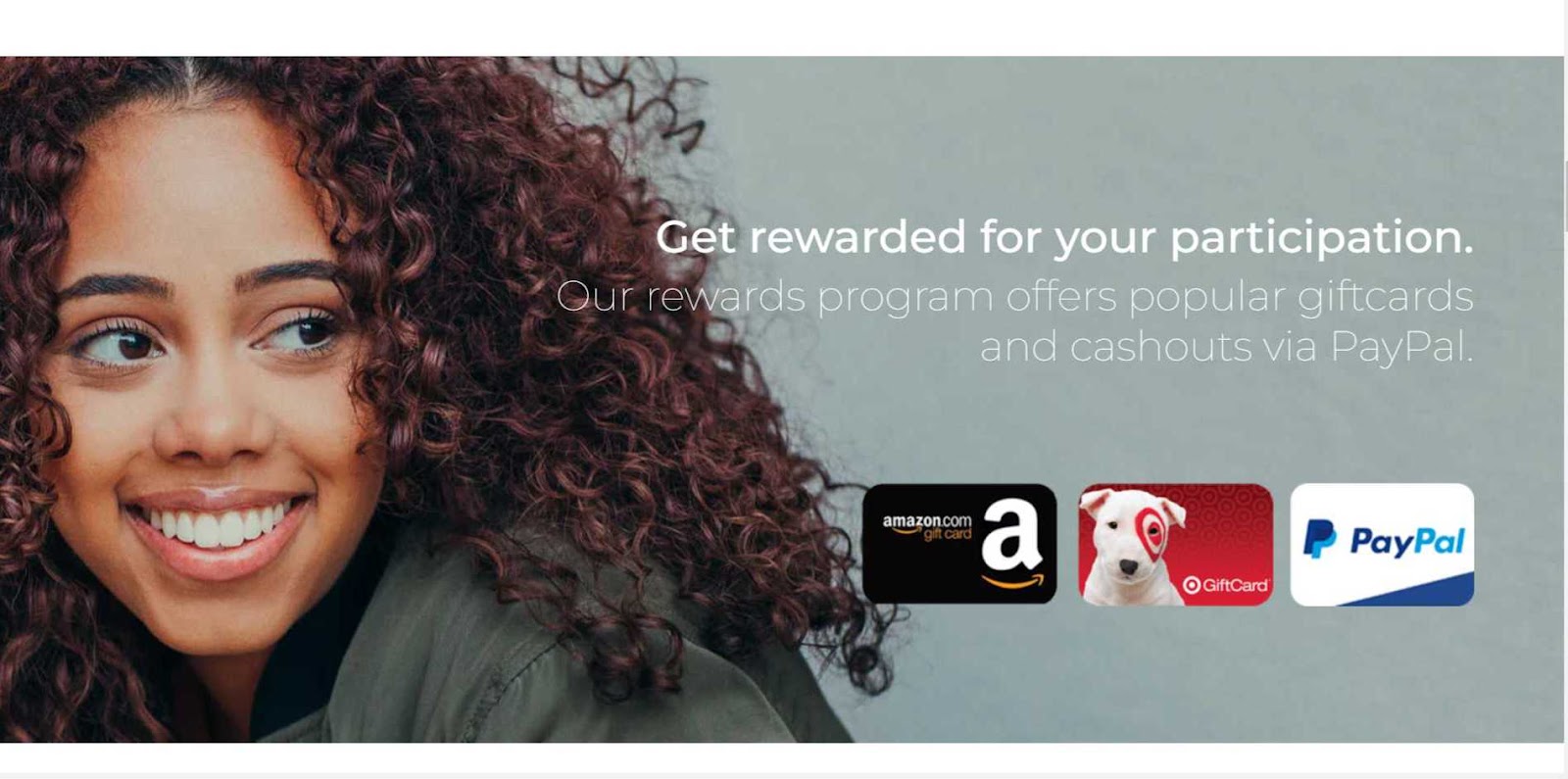 The Survey Junkie website showing rewards you can earn for particpating in surveys, including Target and Amazon gift cards and cash via PayPal. 