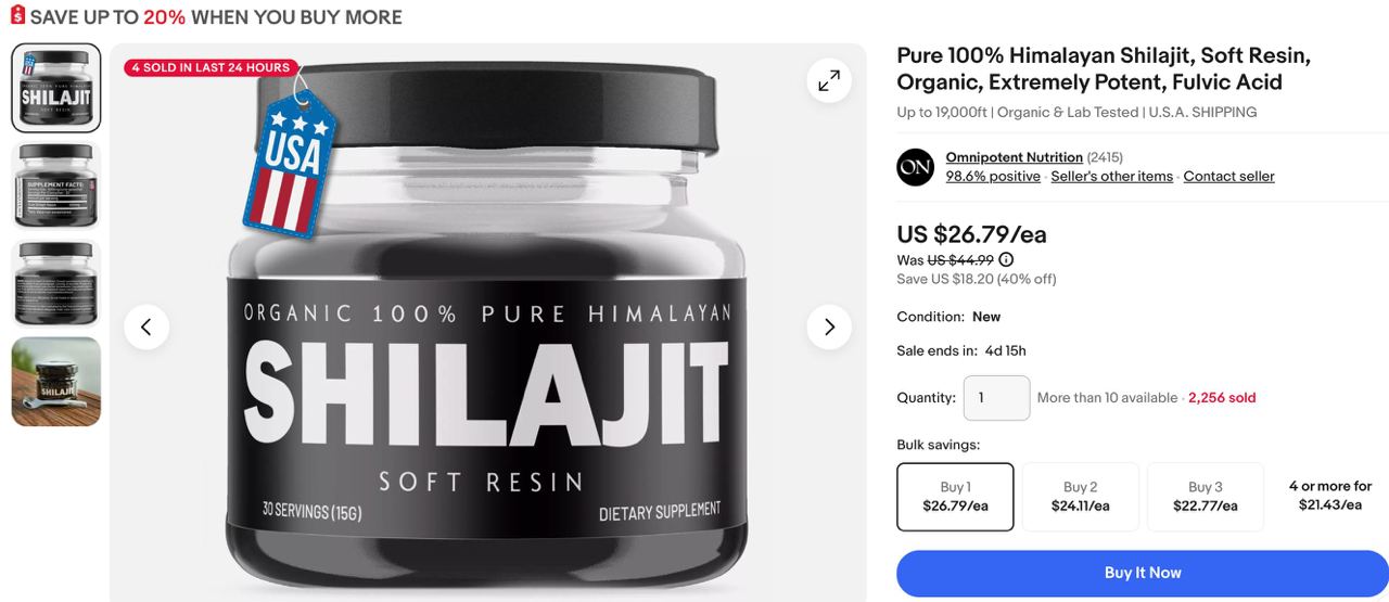 337 unit item Natural Shilajit resin terjual pada harga USD 26.79 @ RM125.86 sen atau sama dengan hasil 337x125.86= RM42,414.82 sen