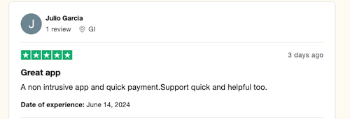 A 5-star Trustpilot review from a Pawns.app user who found the app unintrusive and appreciated the quick payment and helpful customer support. 
