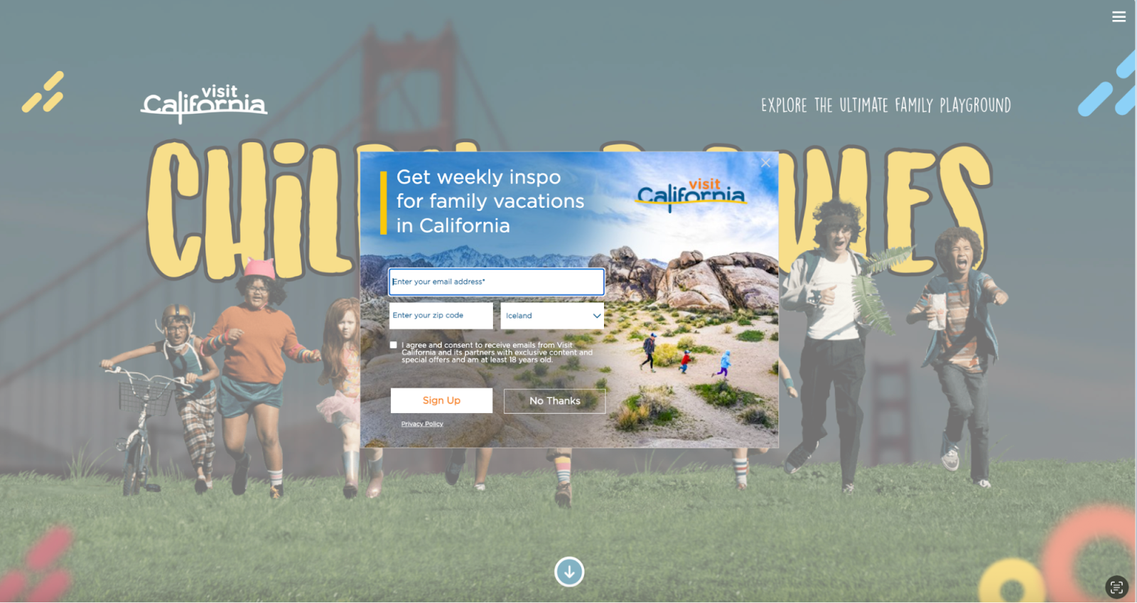 This image shows Visit California homepage example.