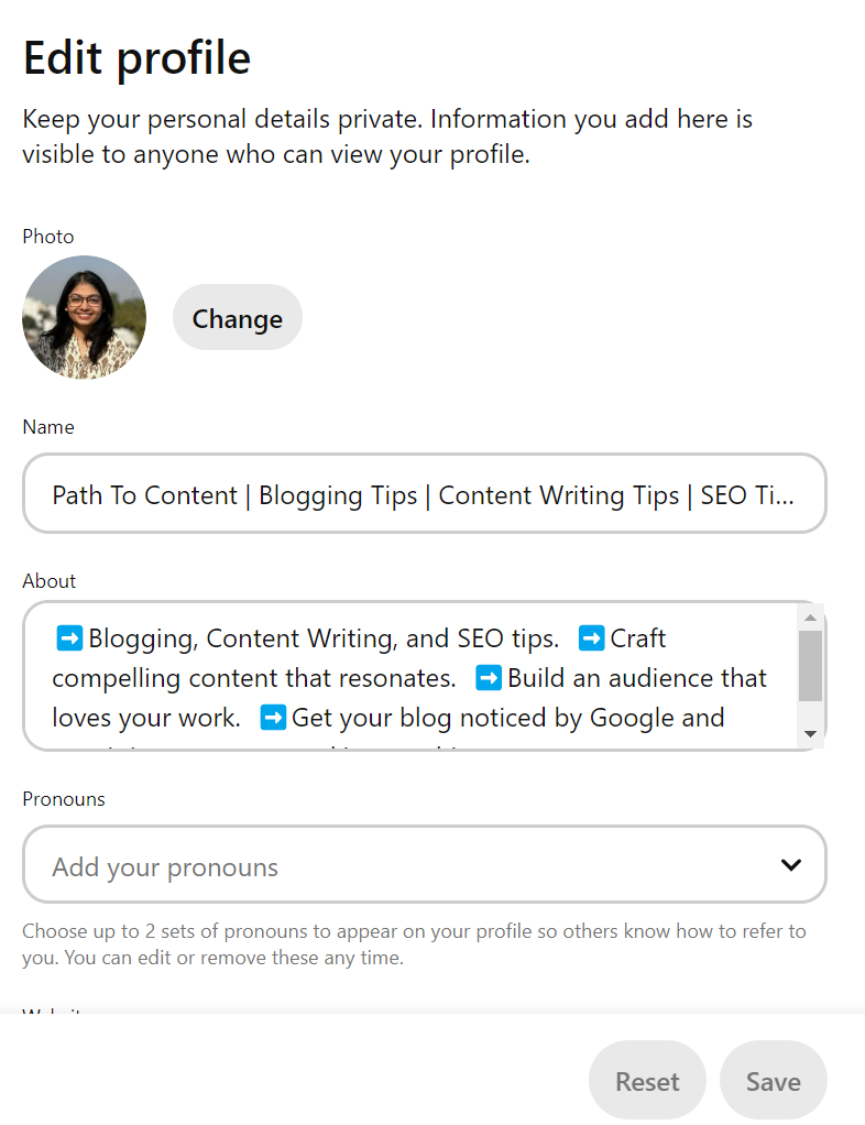 Screenshot of Pinterest account name and description