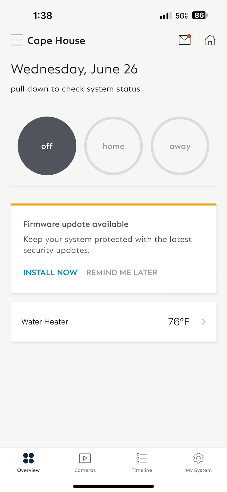 The SimpliSafe® Mobile App overview tab with a 'Firmware Update Available' notification appearing on it.