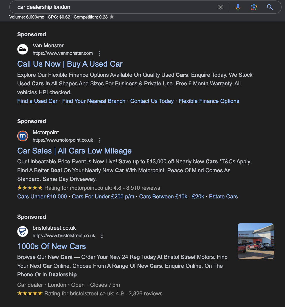 Examples of offers in Google Ad descriptions for London car dealerships
