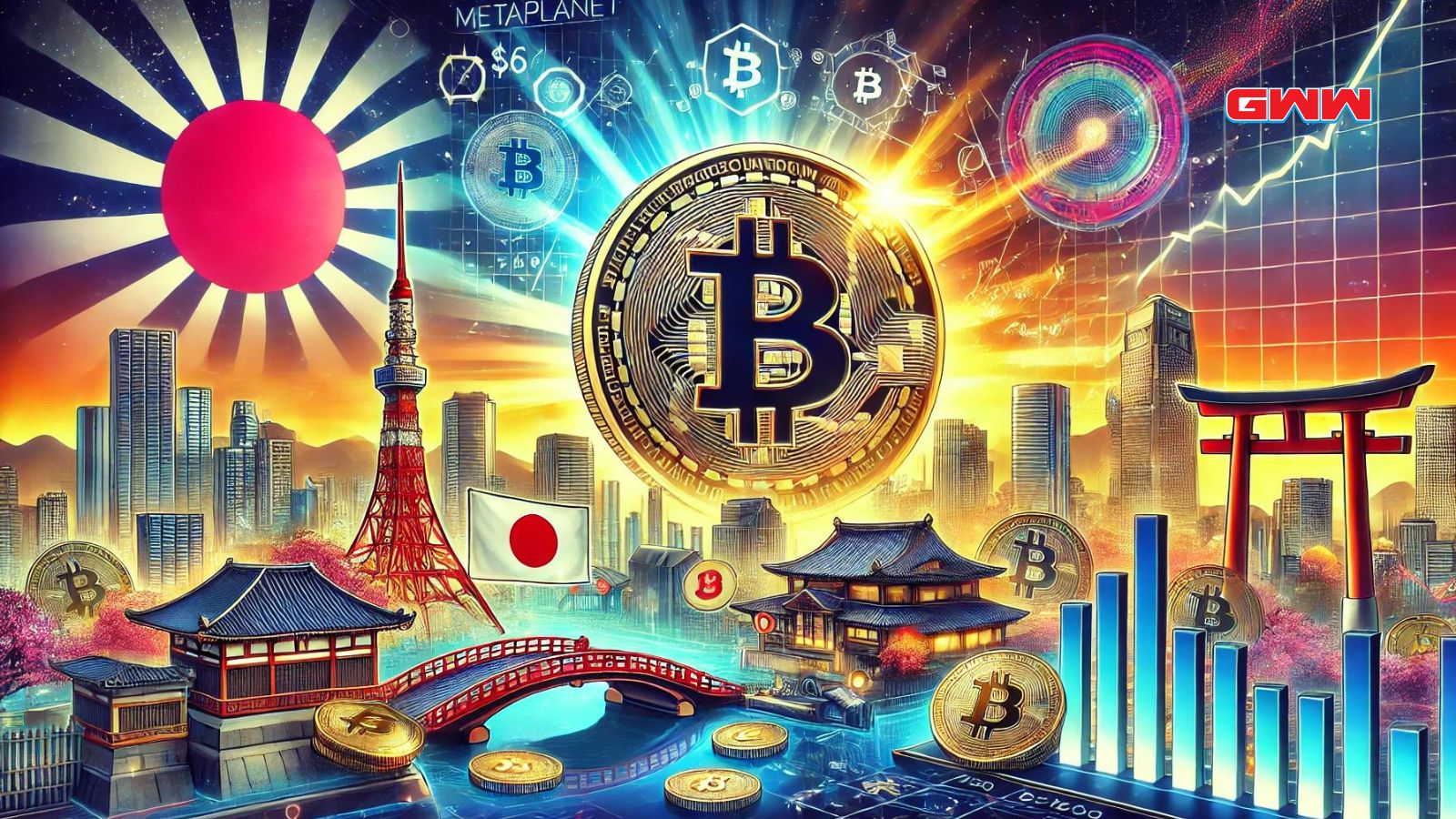 A vibrant scene depicting Japan's Metaplanet planning to buy another $6M worth of Bitcoin