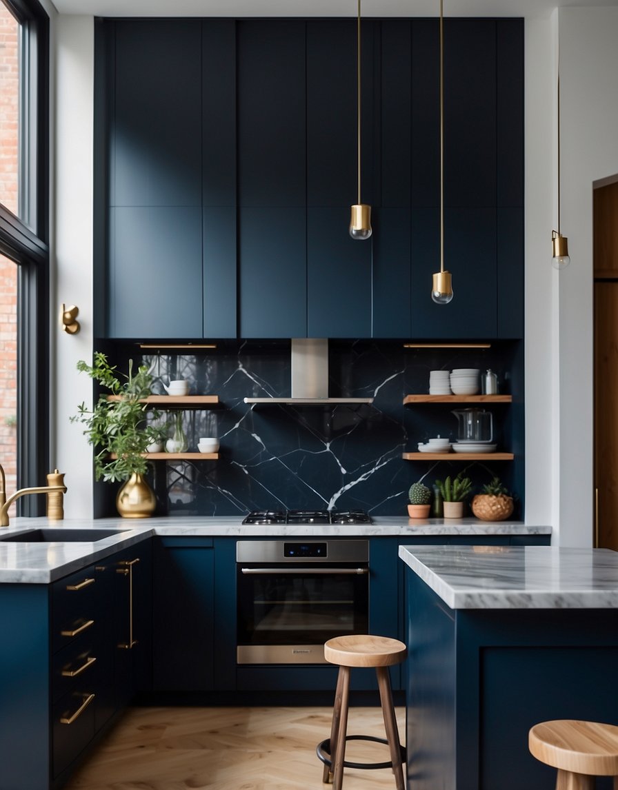 A modern kitchen with navy blue cabinets, sleek hardware, and marble countertops. Light streams in through a large window, illuminating the stylish space