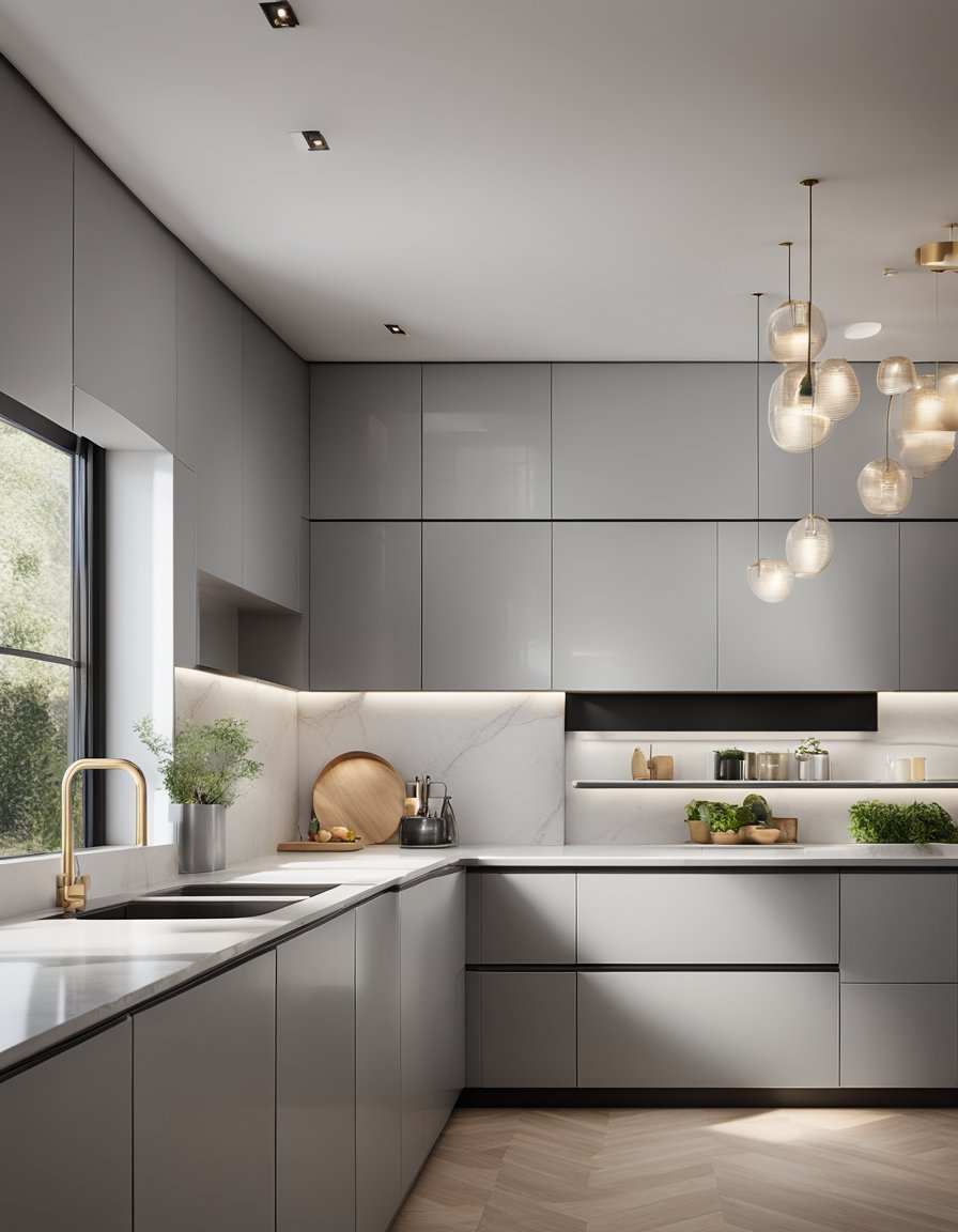 A sleek, modern kitchen with high-gloss light gray cabinets and minimalist design