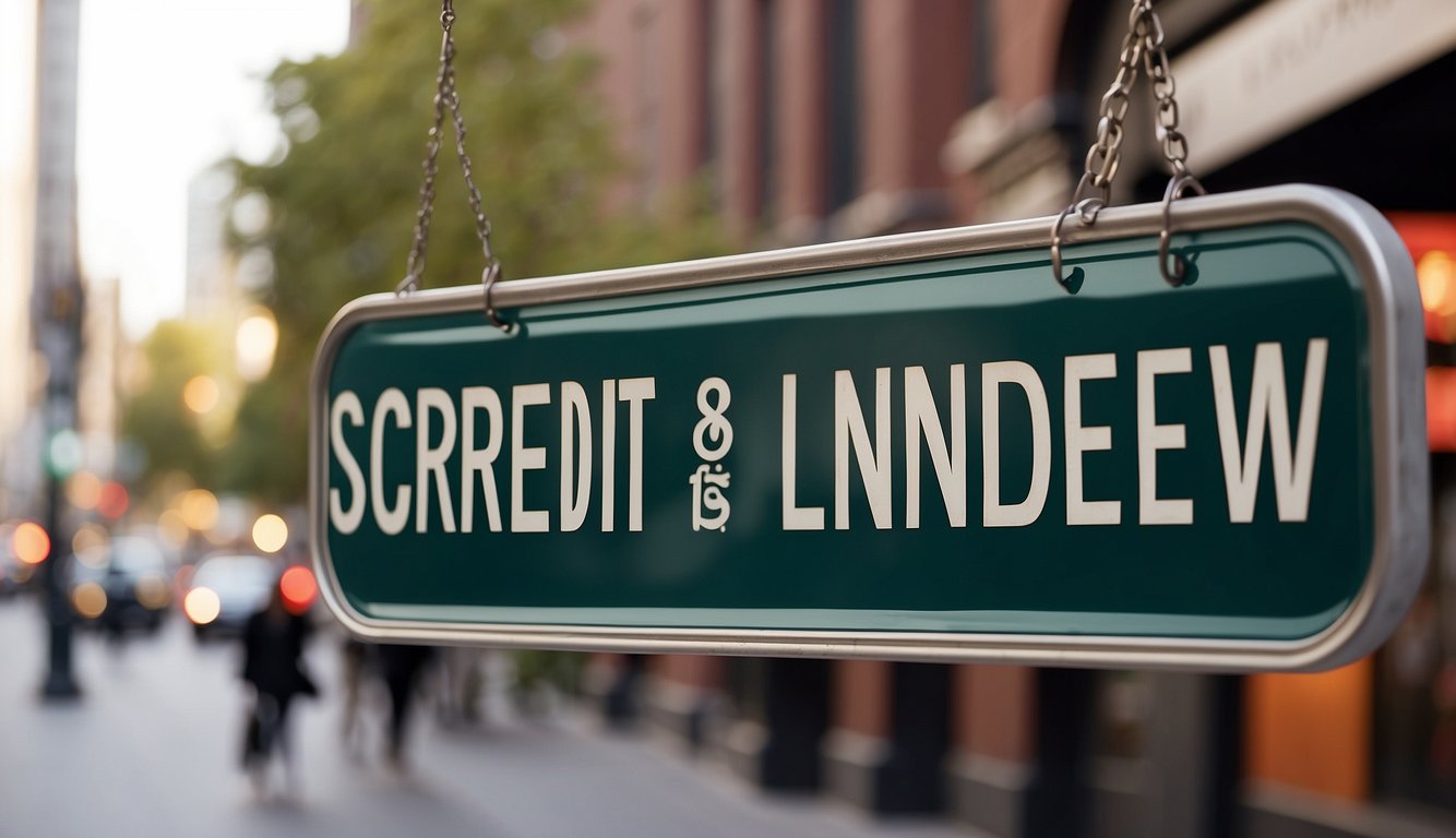 A storefront sign with "S P Credit Licensed Money Lender Review" in bold letters, surrounded by a bustling urban street scene