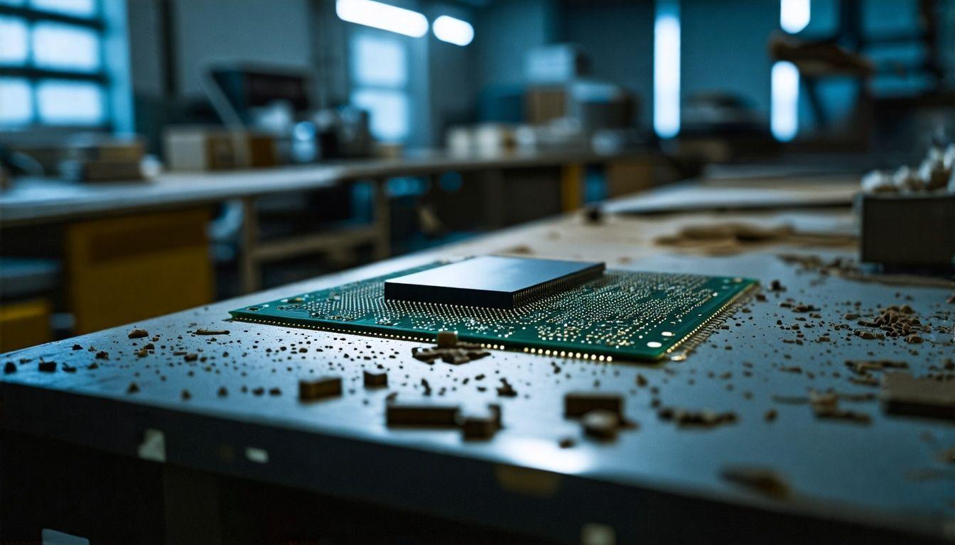 A silicon semiconductor chip lying on a cluttered workbench in a basement laboratory.