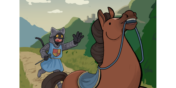 a very happy looking bay horse runs form a very frustrated looking feline knight