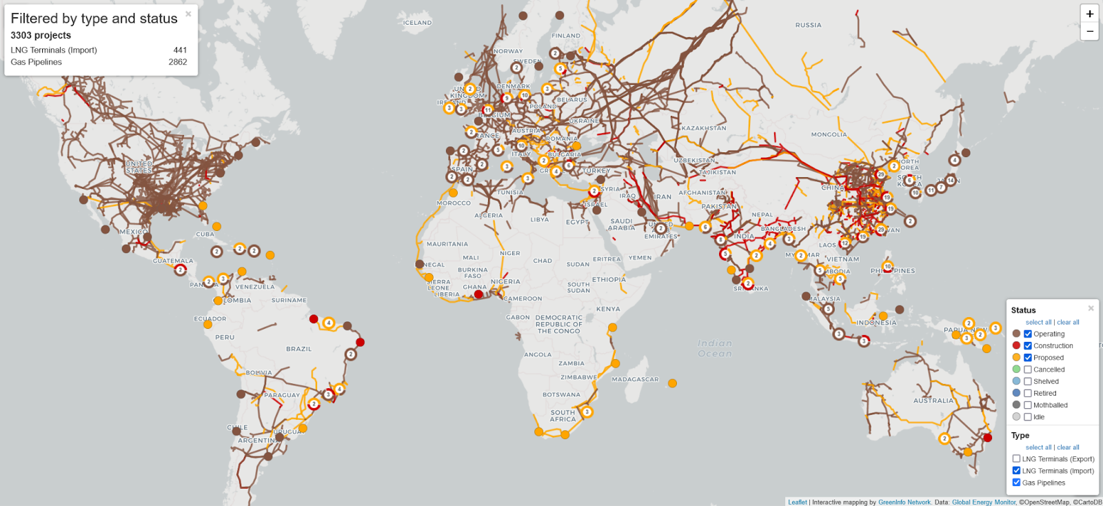 LNG Import Terminals and Gas Pipelines, Source: Global Energy Monitor
