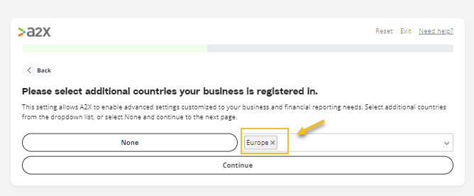 A screenshot of the A2X Accounts and Taxes Mapping questionnaire: Select Europe.