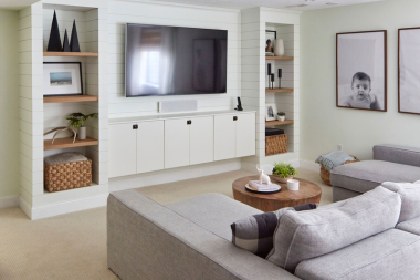 storage ideas for your basement remodel built in shelving living room custom built michigan