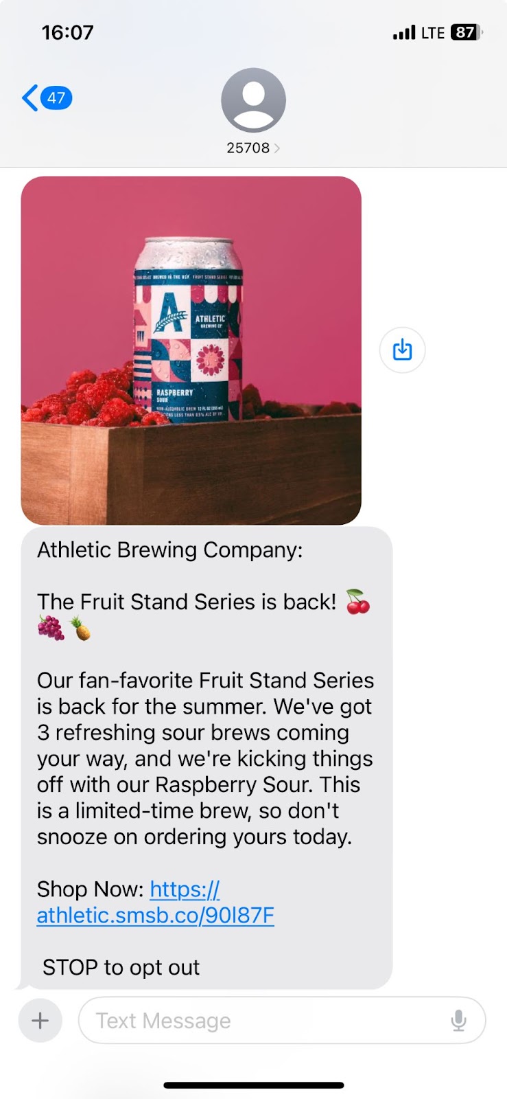 An MMS from Athletic Brewing Company with an image of their Raspberry Sour.