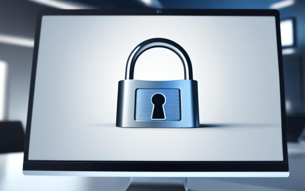 A digital padlock with a keyhole appearing through a computer screen. The padlock is metallic and sturdy, while the keyhole is visible and well-defined. The computer screen is black with a thin white frame around it, and the