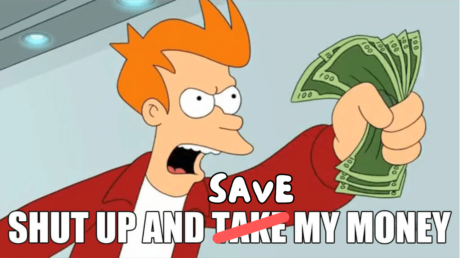 Image of Fry from Futurama eagerly holding out cash, with a caption that reads, 'Shut up and save my money.'