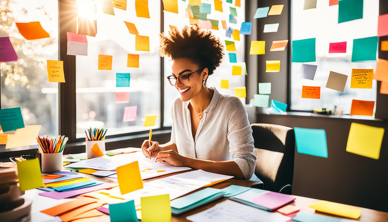 A person sitting at a desk surrounded by colorful sticky notes, pens, and a vision board as they write affirmations on a blank sheet of paper. Sunlight streaming in through a nearby window illuminates the room and adds a sense of warmth and positivity to the scene.