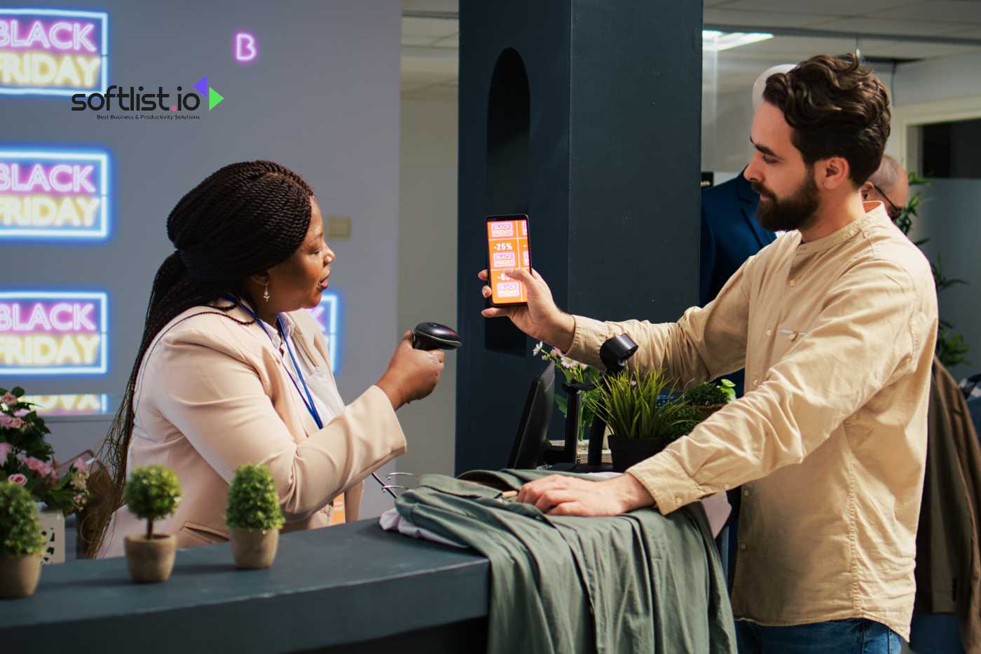 a cashier scanning a loyalty card