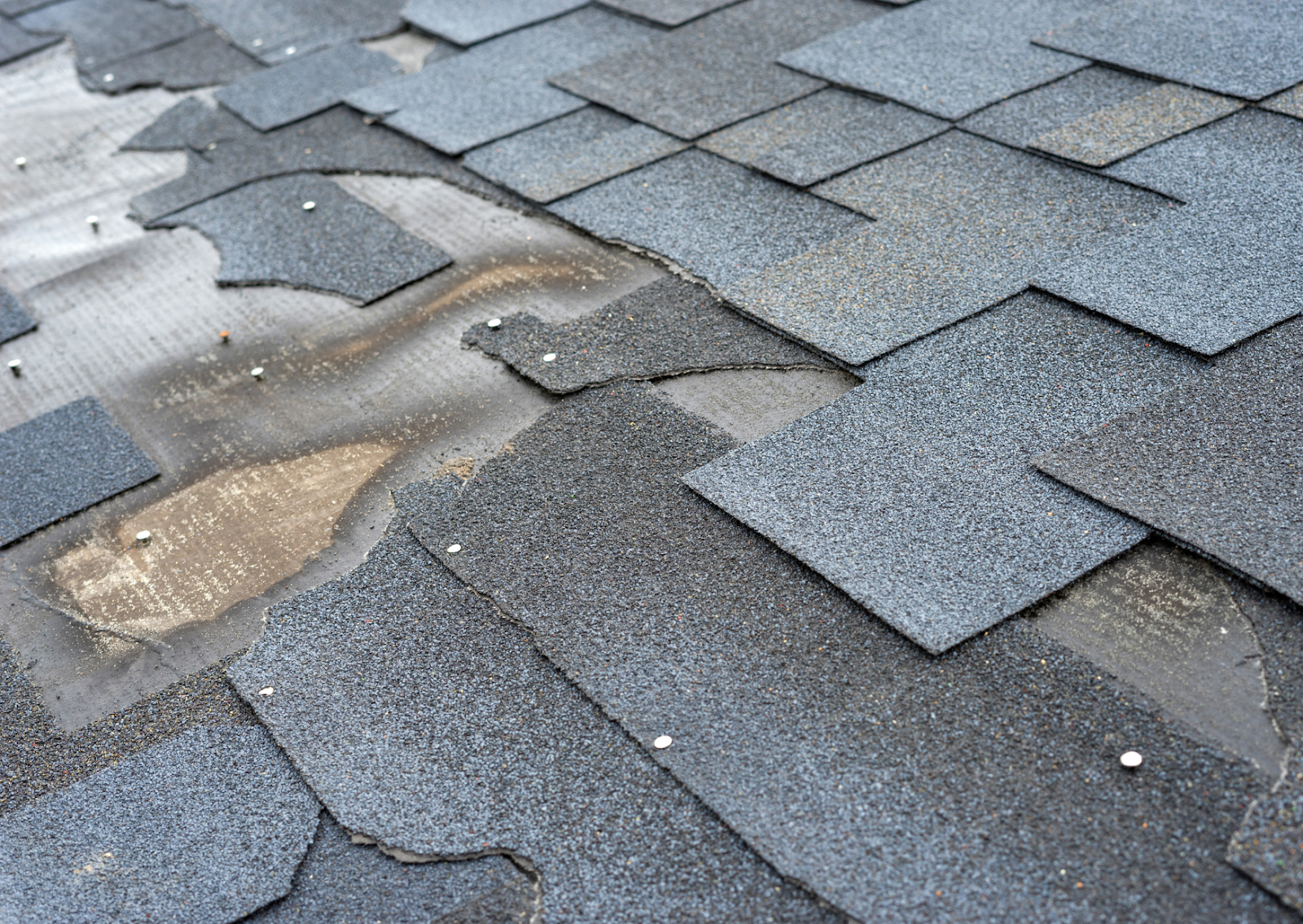 Close-up of a hail-damaged roof with missing and broken shingles, showing the severe impact of hail on the roofing material.